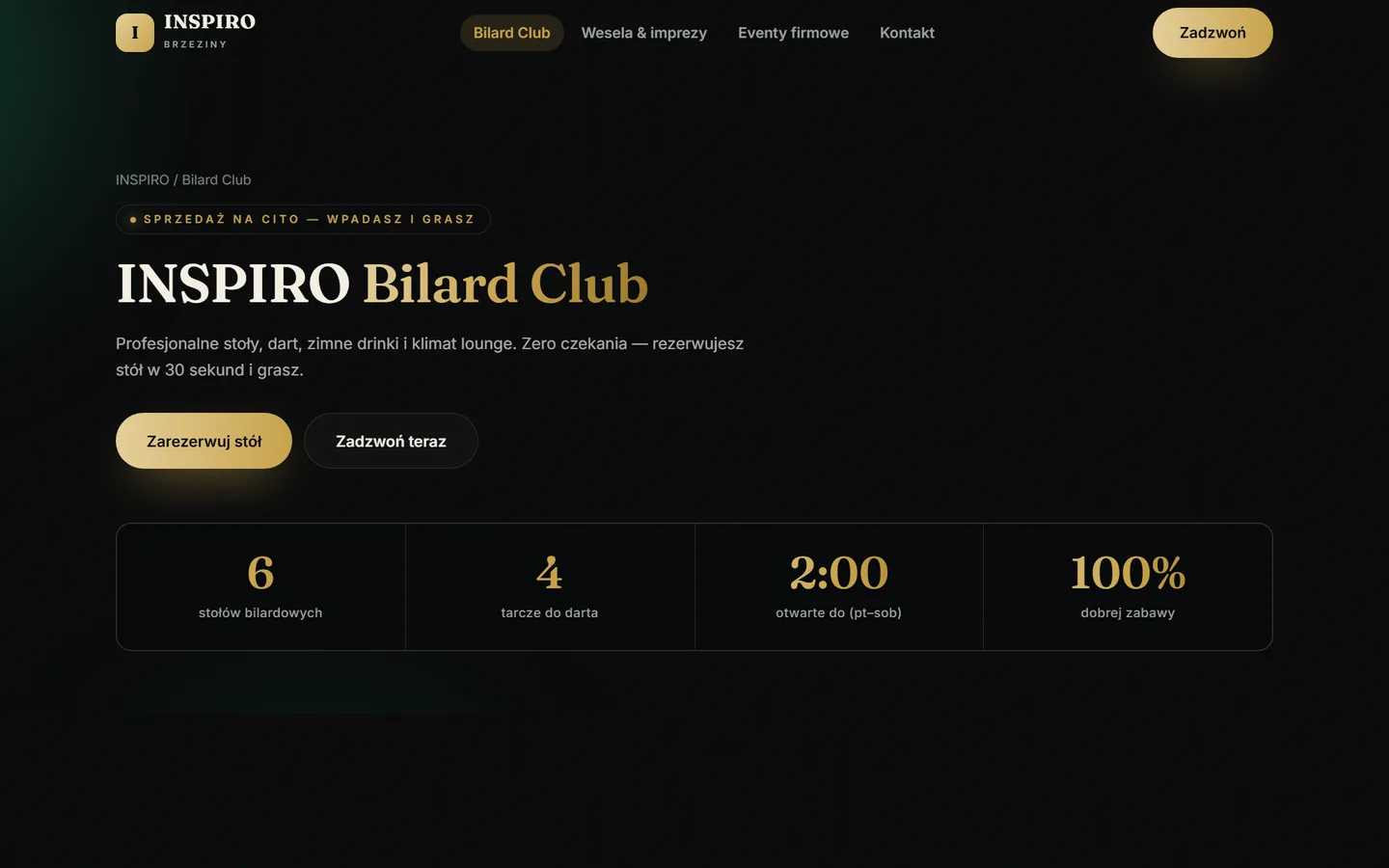 Podstrona klubu bilardowego INSPIRO: ciemny layout z cennikiem i rezerwacją stołu