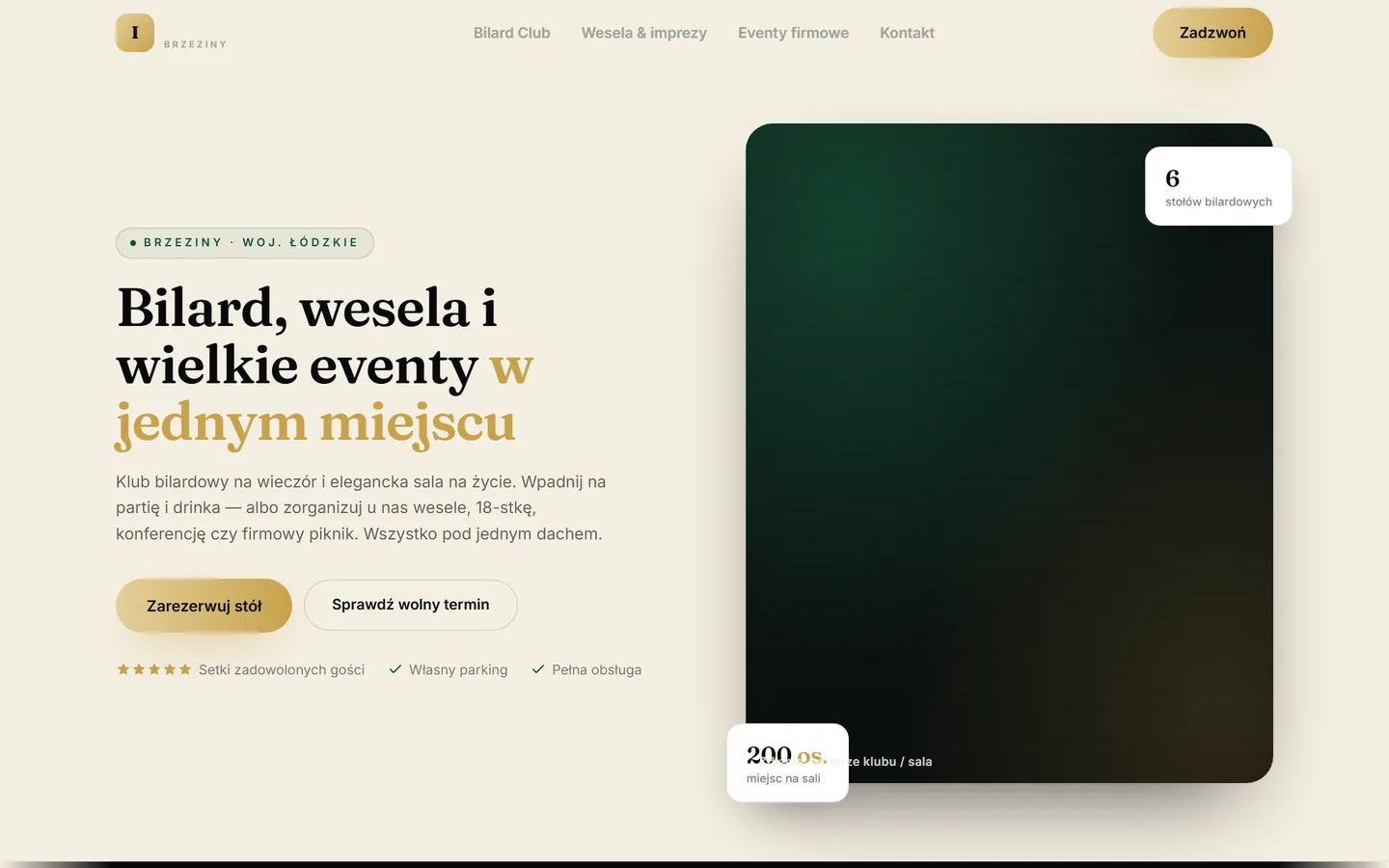 Strona INSPIRO Brzeziny: nagłówek „Bilard, wesela i wielkie eventy w jednym miejscu"