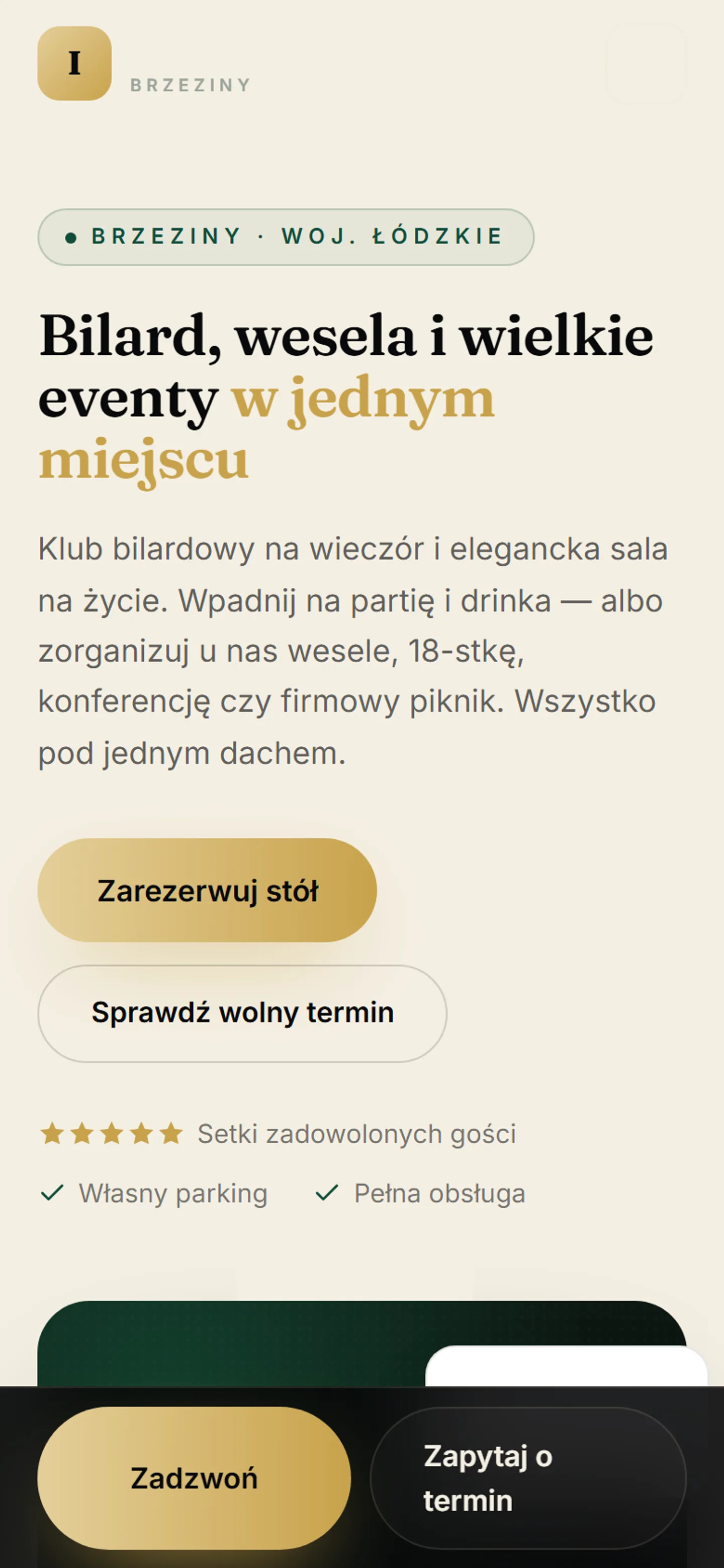 Mobilny widok strony INSPIRO — hero z dwoma przyciskami wyboru ścieżki