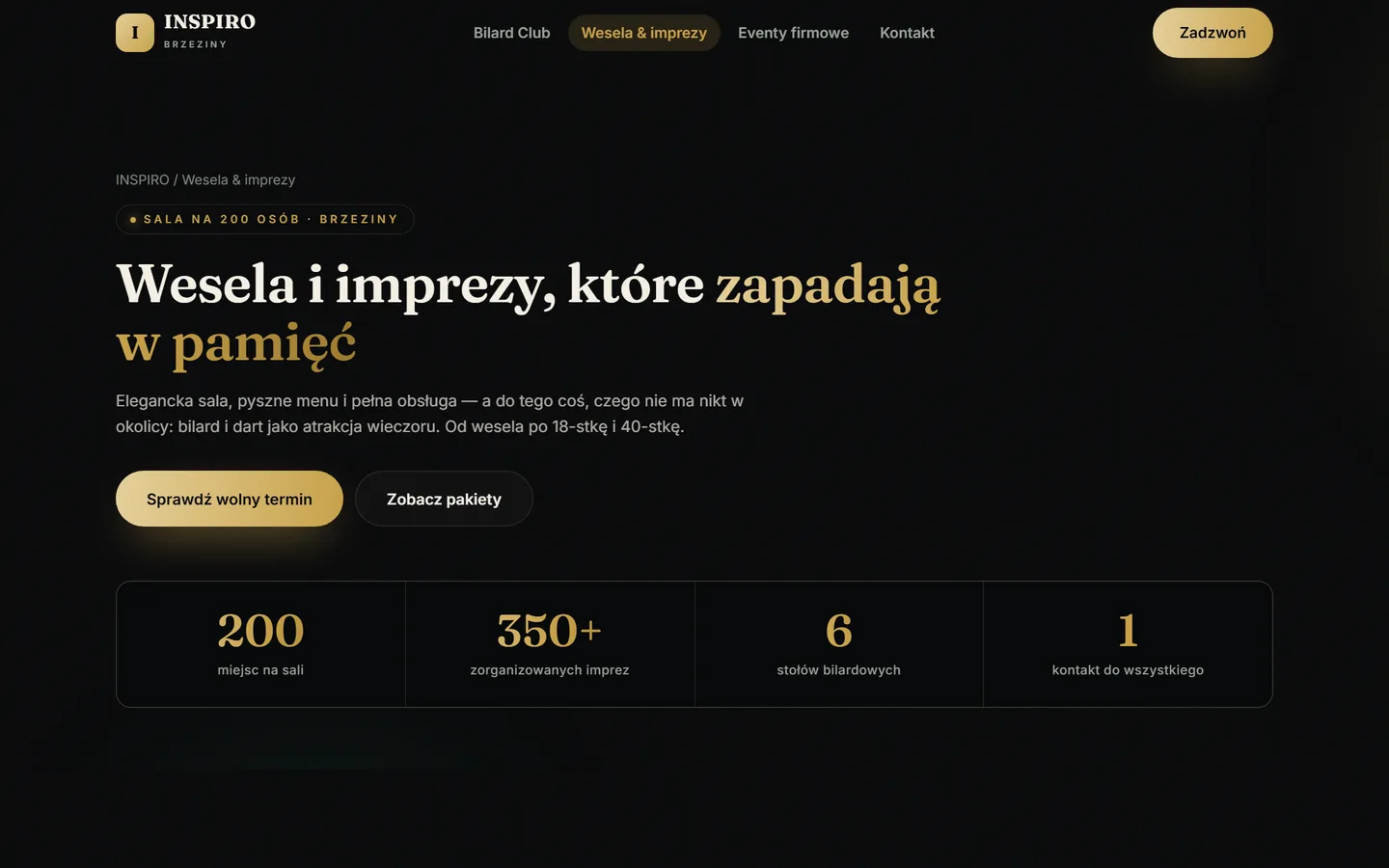 Podstrona wesel INSPIRO: elegancki jasny layout z pakietami i formularzem terminu