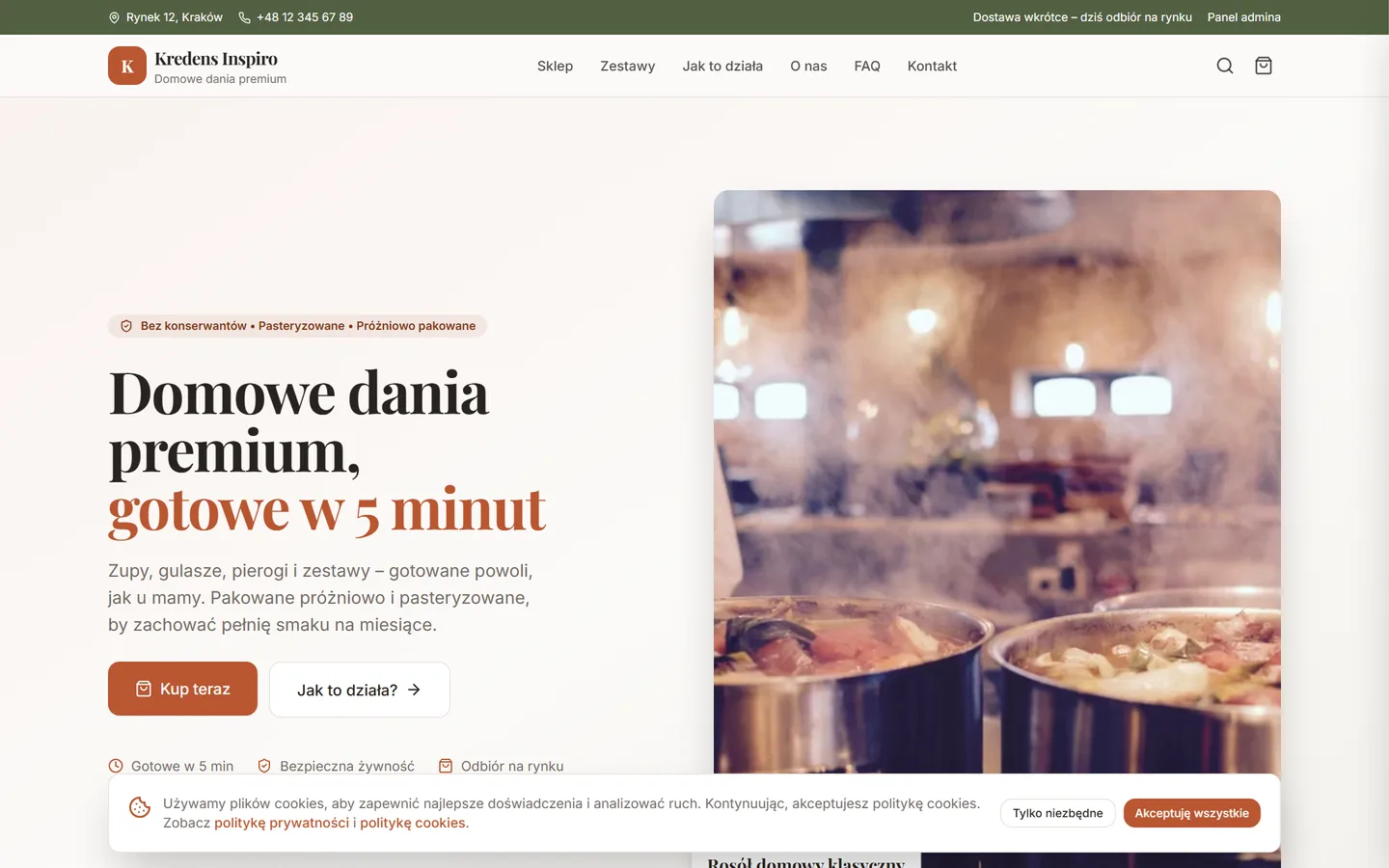 Sklep Kredens Inspiro: hero „Domowe dania premium, gotowe w 5 minut" z koszykiem i nawigacją sklepu