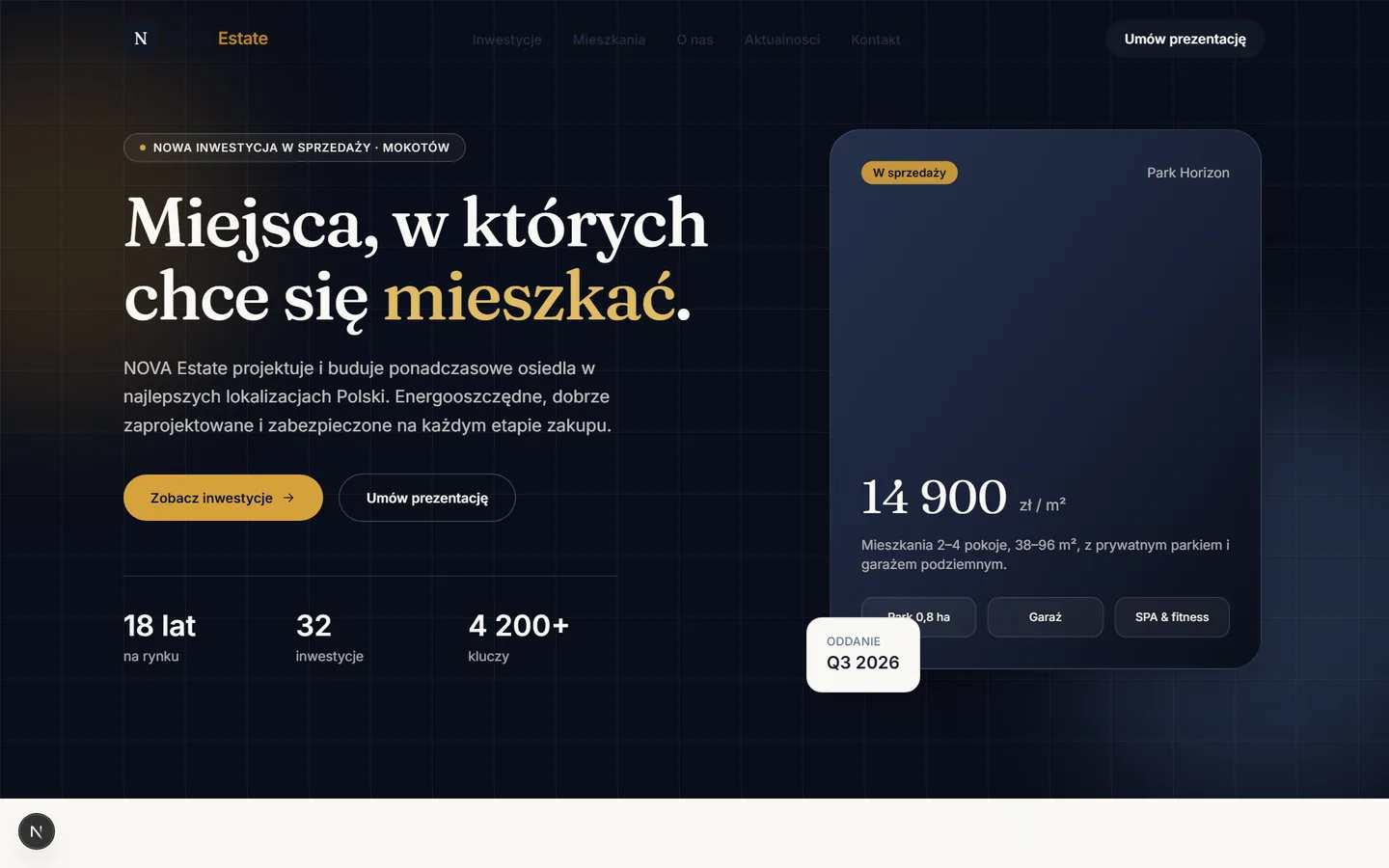 Strona NOVA Estate: ciemne hero z kartą inwestycji Park Horizon i ceną za metr