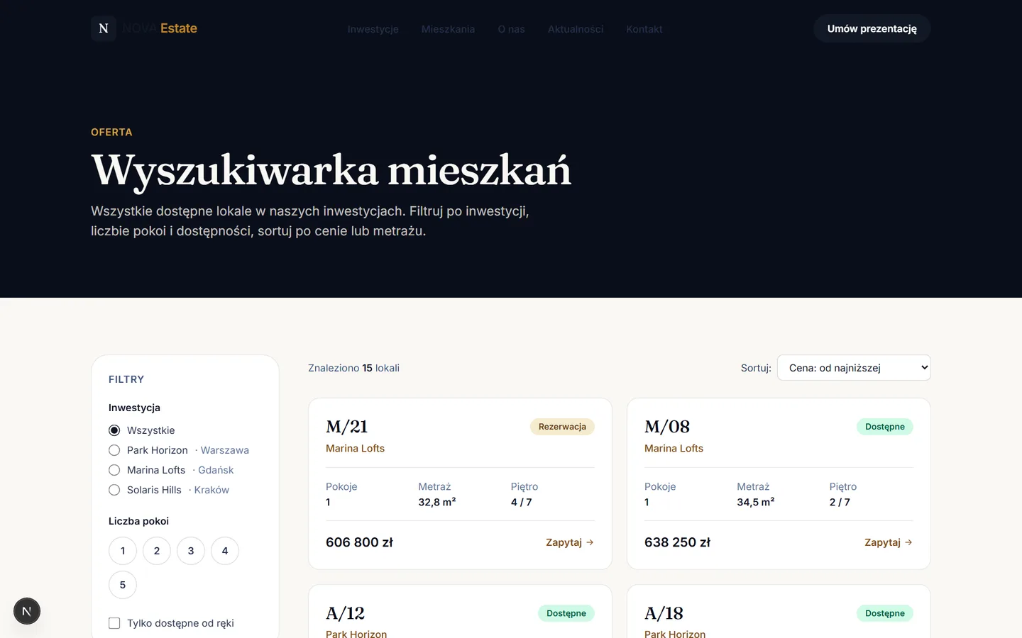 Wyszukiwarka mieszkań NOVA Estate z filtrami metrażu, pokoi i dostępności