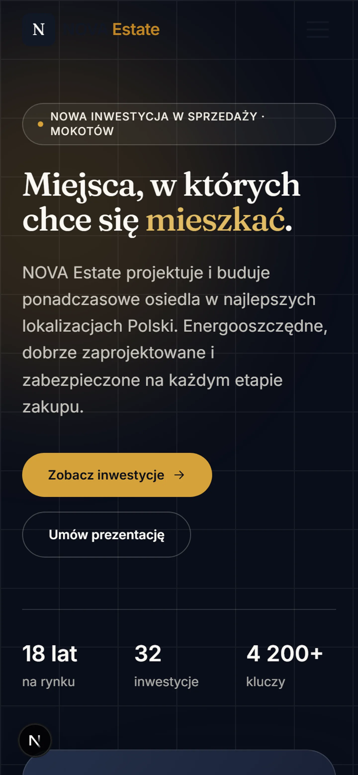 Mobilny widok strony NOVA Estate
