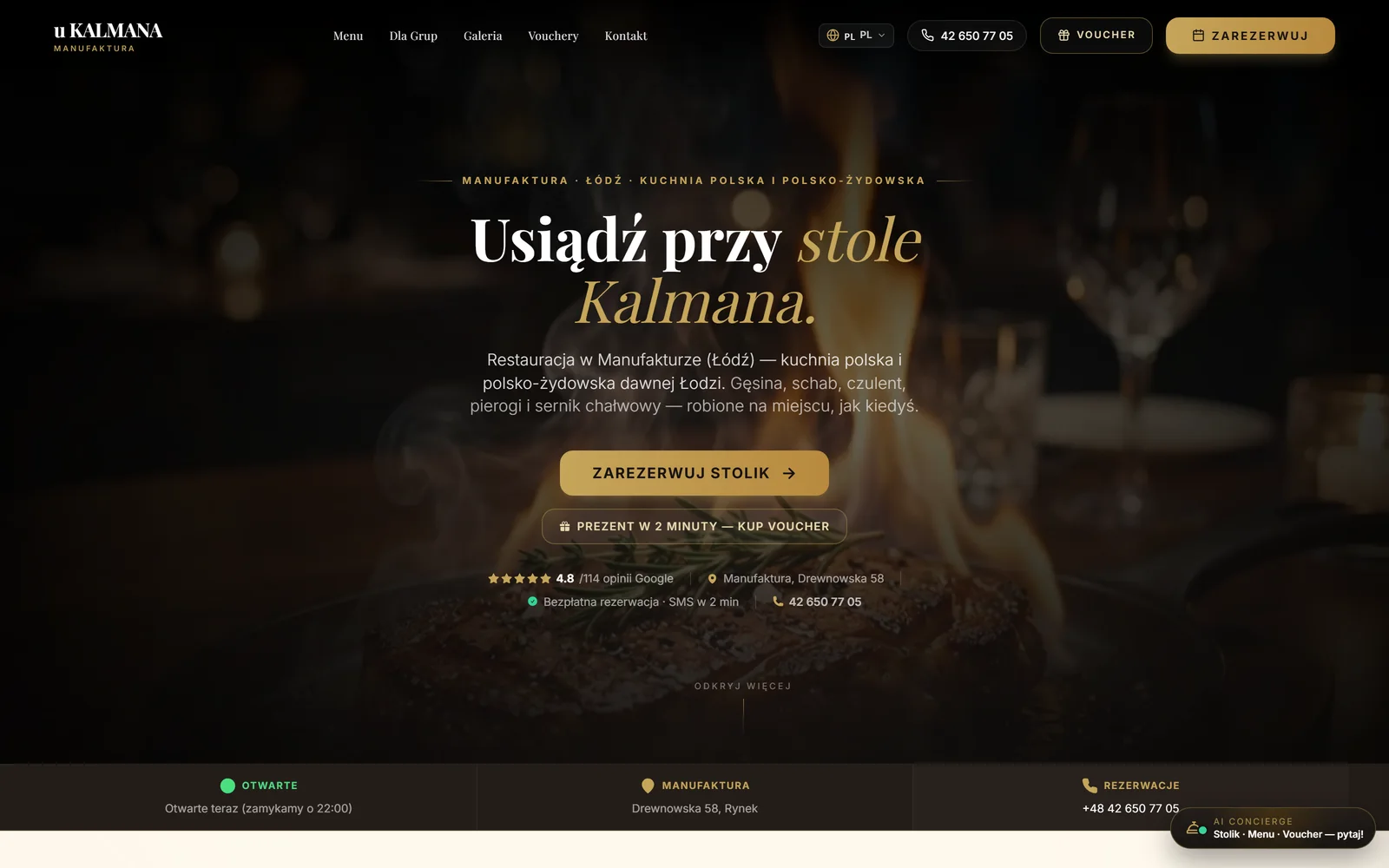 Strona główna restauracji u Kalmana: nagłówek, rezerwacja stolika i ocena 4,8 z opinii Google