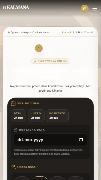 Rezerwacja u Kalmana na telefonie: układ jednokolumnowy z dużymi polami wyboru